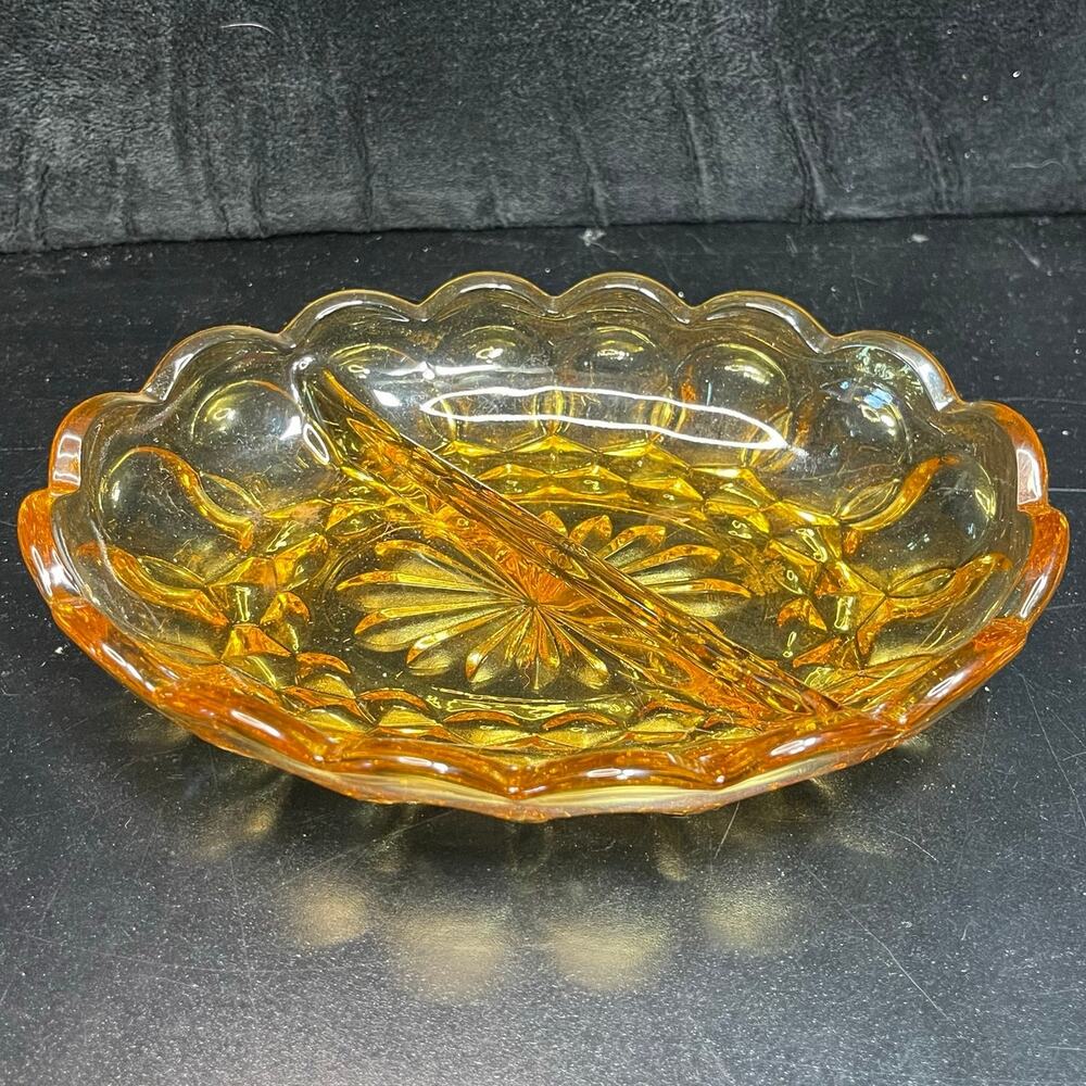 Vintage Anchor Hocking Fairfield Amber Glass Divided Relish Dish Scalloped
